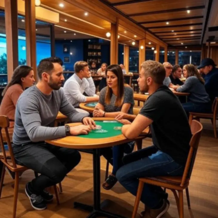 Goście siedzący przy drewnianych stolikach w ciepło oświetlonym wnętrzu DeckNightBar, część gra w pokera, inni rozmawiają przy drinkach.