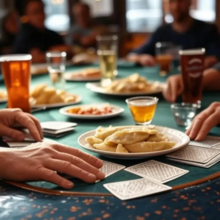 Przekąski i koktajle serwowane przy stole pokerowym w przytulnym wnętrzu DeckNightBar.