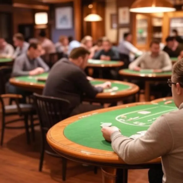 Stolik pokerowy w przytulnym, drewnianym wnętrzu DeckNightBar podczas wieczornej rozgrywki.