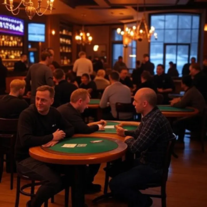 Wnętrze DeckNightBar wieczorem z ciepłym światłem i stolikami pokerowymi