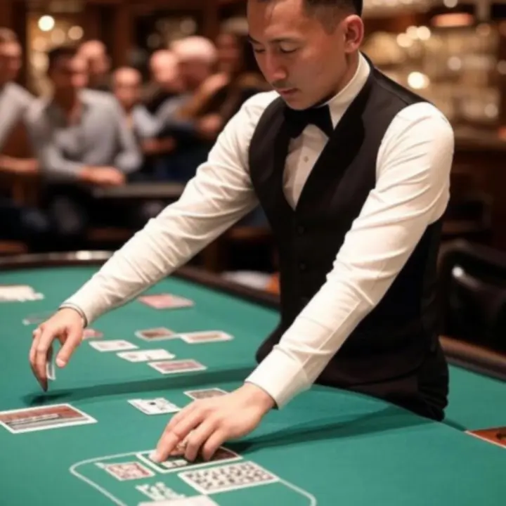 Profesjonalny krupier rozdający karty przy stole pokerowym w DeckNightBar