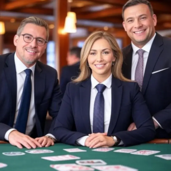 Zespół gospodarzy i krupierów DeckNightBar stojących przy stole pokerowym.