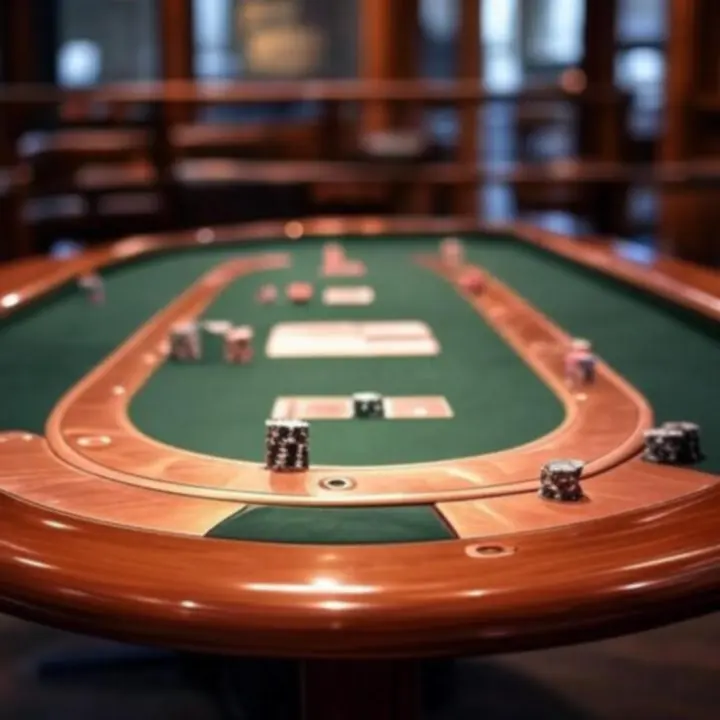 Stół pokerowy w DeckNightBar z miedzianymi akcentami i zielonym suknem