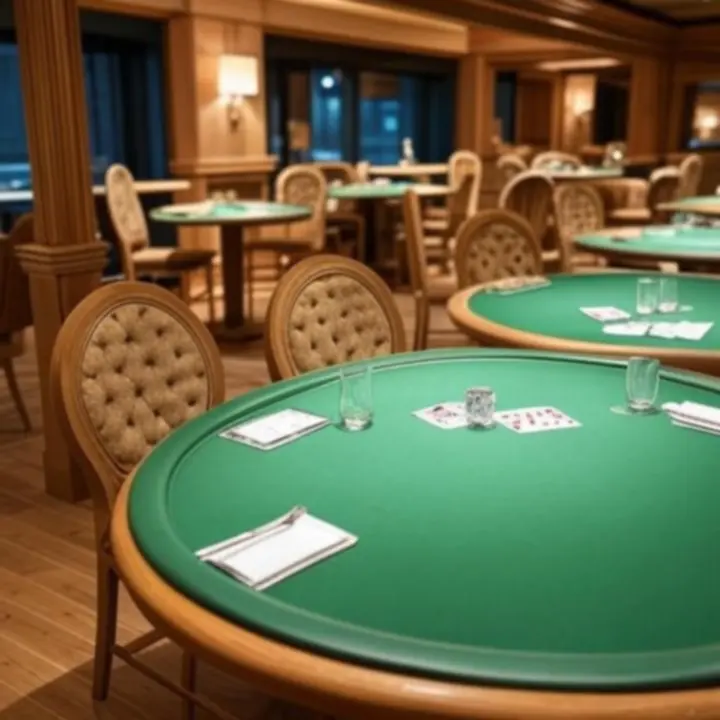 Przytulne, ciepło oświetlone wnętrze DeckNightBar z gośćmi przy stołach pokerowych i stolikach kawowych.